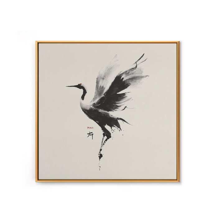 Japanese Ink Crane Bird Wall Art, Minimal Black And White Animal Canvas Print, Zen Japandi Home Decor