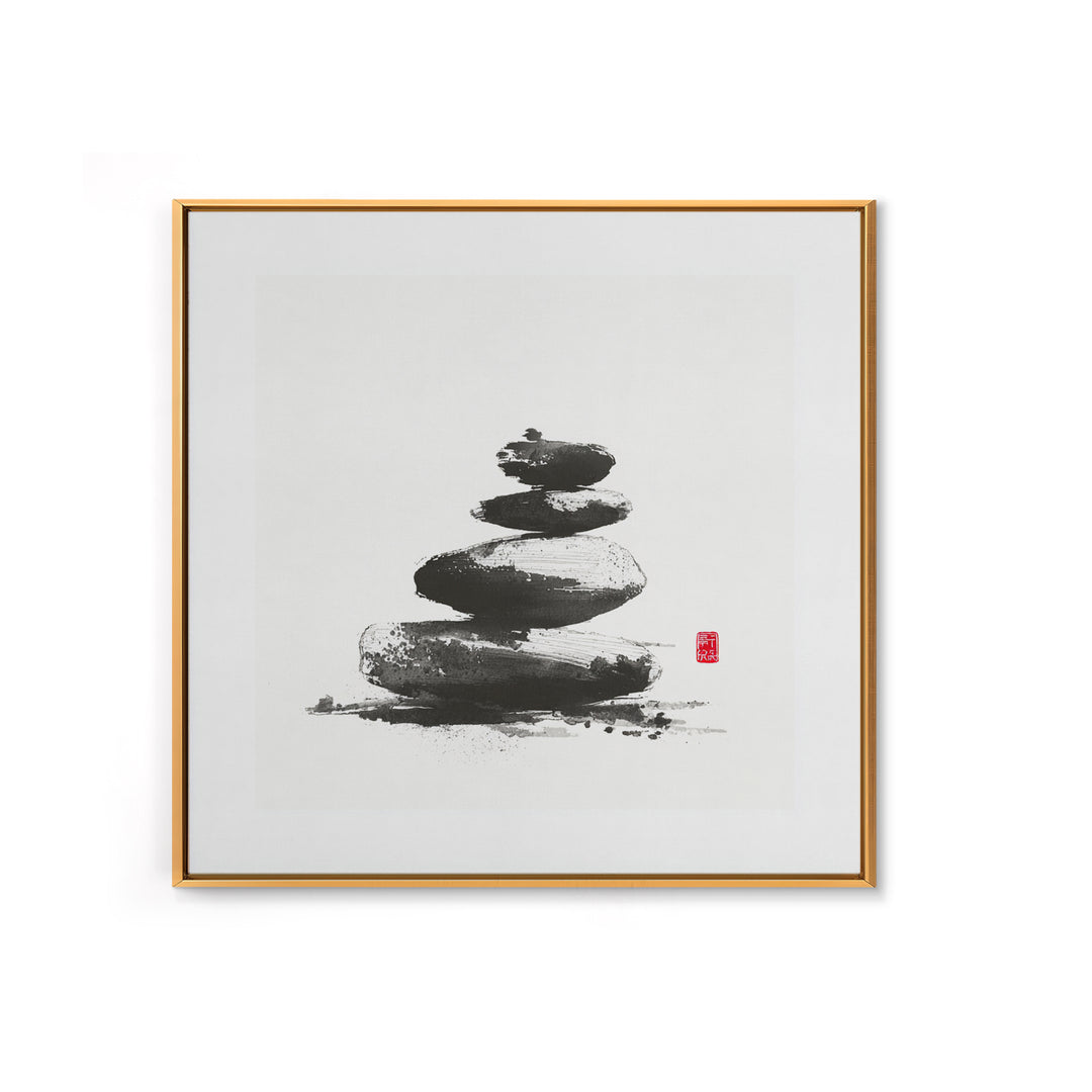 Zen Stone Stack Wall Art, Minimal Japanese Ink Rock Painting Canvas Print, Calming Spa Bathroom And Yoga Decor