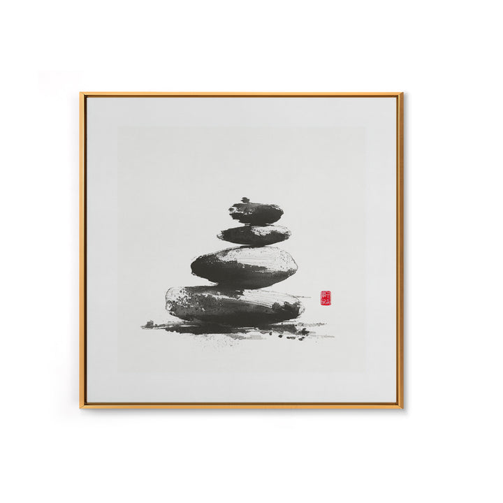 Zen Stone Stack Wall Art, Minimal Japanese Ink Rock Painting Canvas Print, Calming Spa Bathroom And Yoga Decor