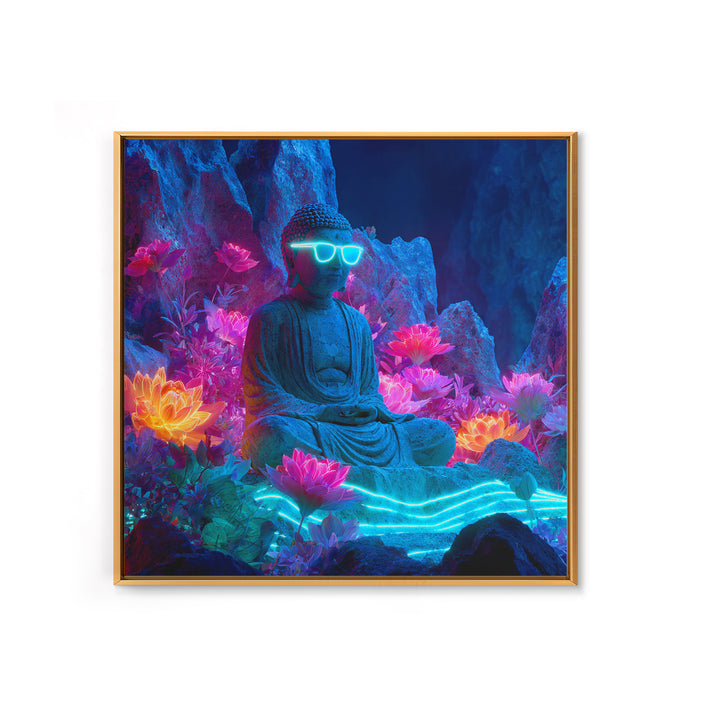 Neon Buddha Lotus Garden Canvas Print, Glowing Meditation Wall Art, Psychedelic Spiritual Decor For Yoga Room Or Boho Home