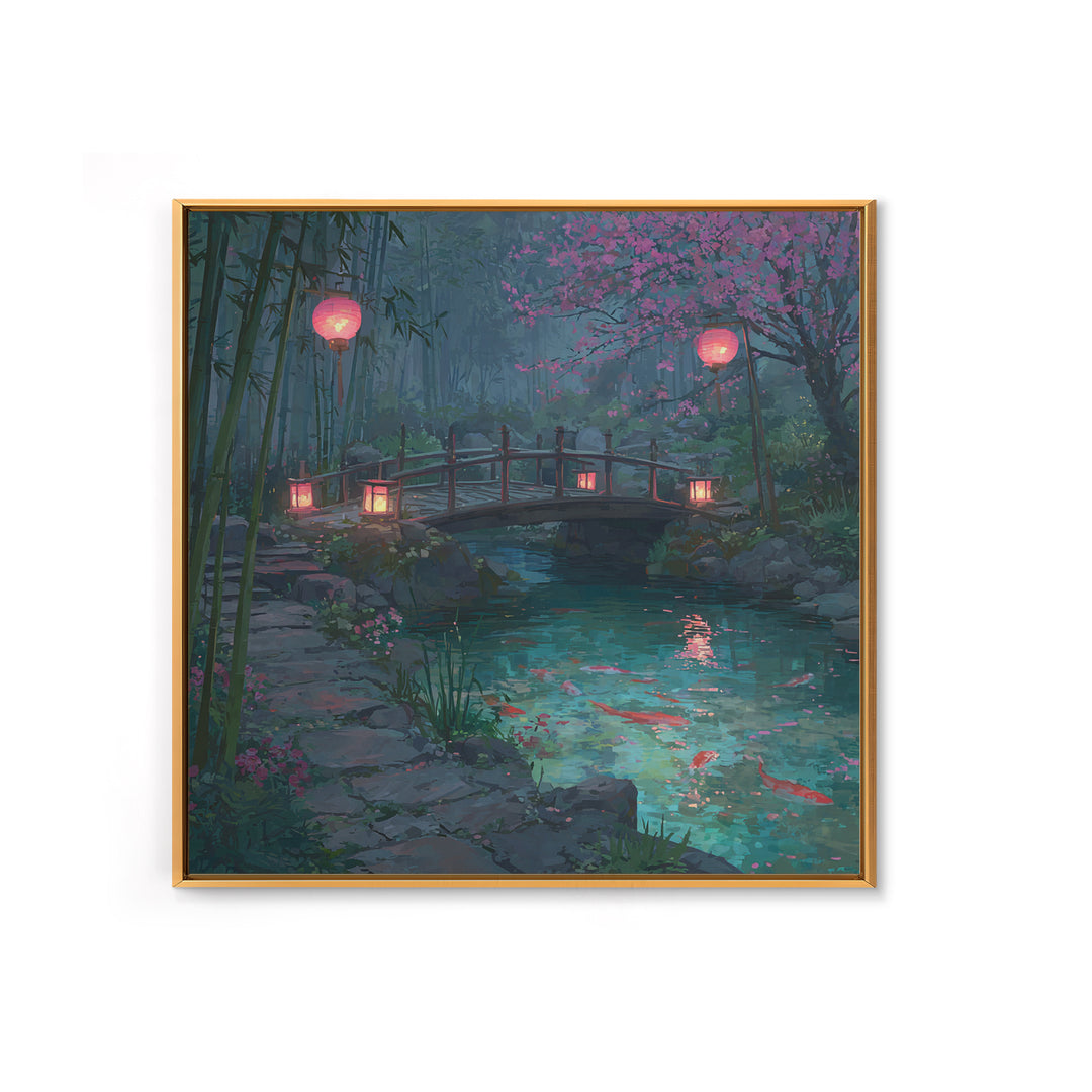Serene Japanese Garden With Koi Fish And Lanterns Wall Art For Tranquil Home Decor Framed Canvas Print