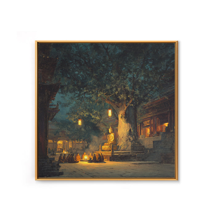 Moonlit Temple Gathering Wall Art, Mystical Night Buddha Landscape Canvas Print, Moody Spiritual Home Decor