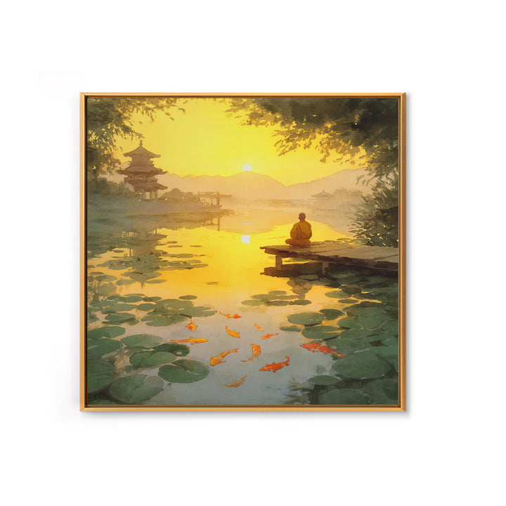 Golden Sunset Zen Lake With Koi And Temple Landscape Wall Art, Peaceful Japanese Decor Framed Canvas Print