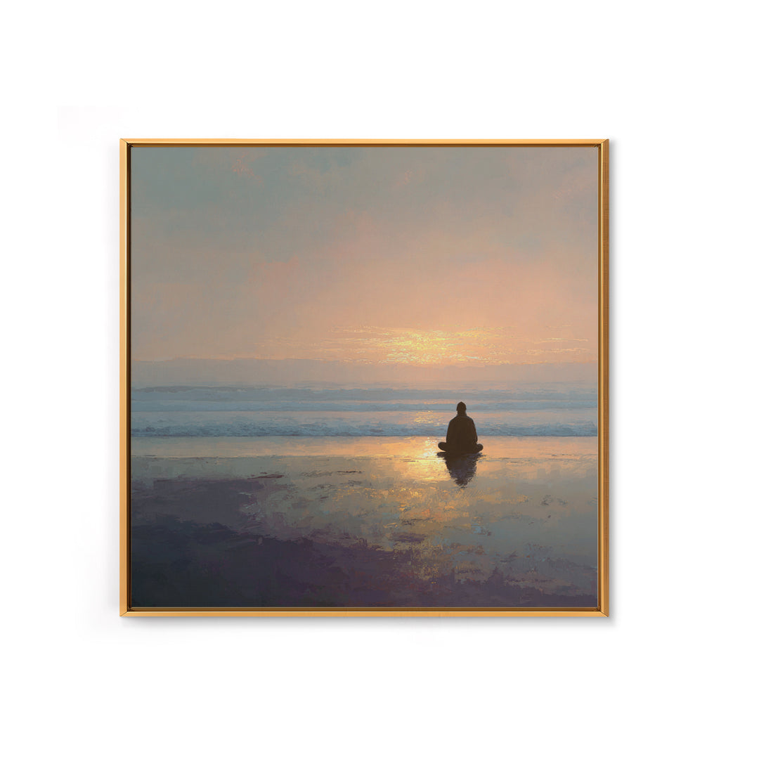 Meditation On Beach At Sunrise Wall Art, Minimalist Zen Seascape Canvas Print For Calming Bedroom Or Yoga Room Decor