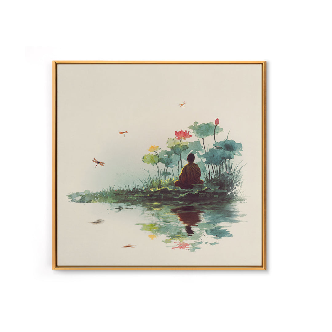 Meditation By Lotus Pond Wall Art, Peaceful Watercolor Landscape, Zen Mindfulness Decor, Yoga Studio Framed Canvas Print