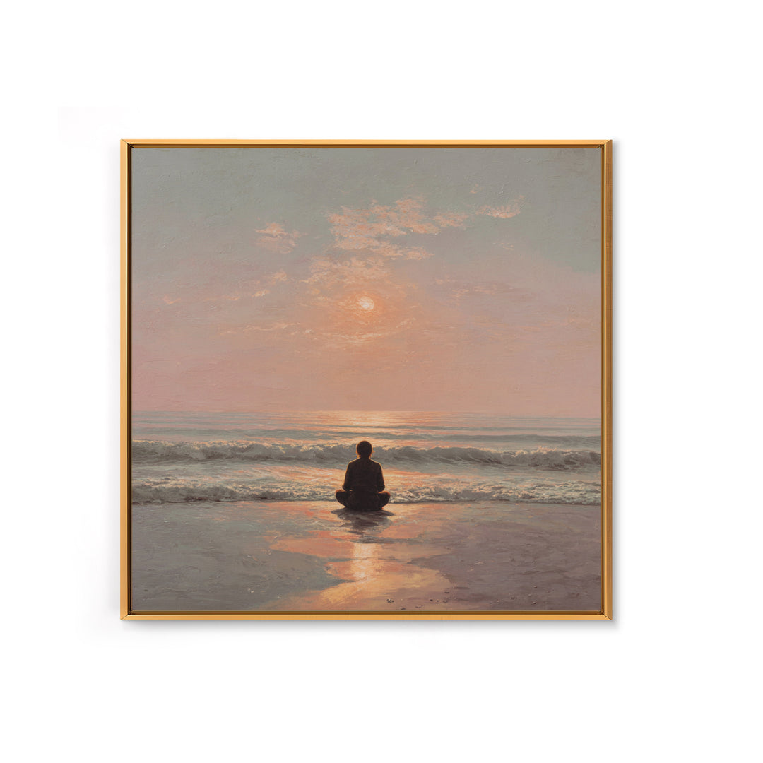Sunset Beach Meditation Figure Wall Art, Serene Mindfulness Canvas Print, Calming Coastal Zen Bedroom Decor