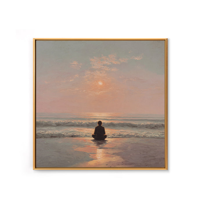 Sunset Beach Meditation Figure Wall Art, Serene Mindfulness Canvas Print, Calming Coastal Zen Bedroom Decor