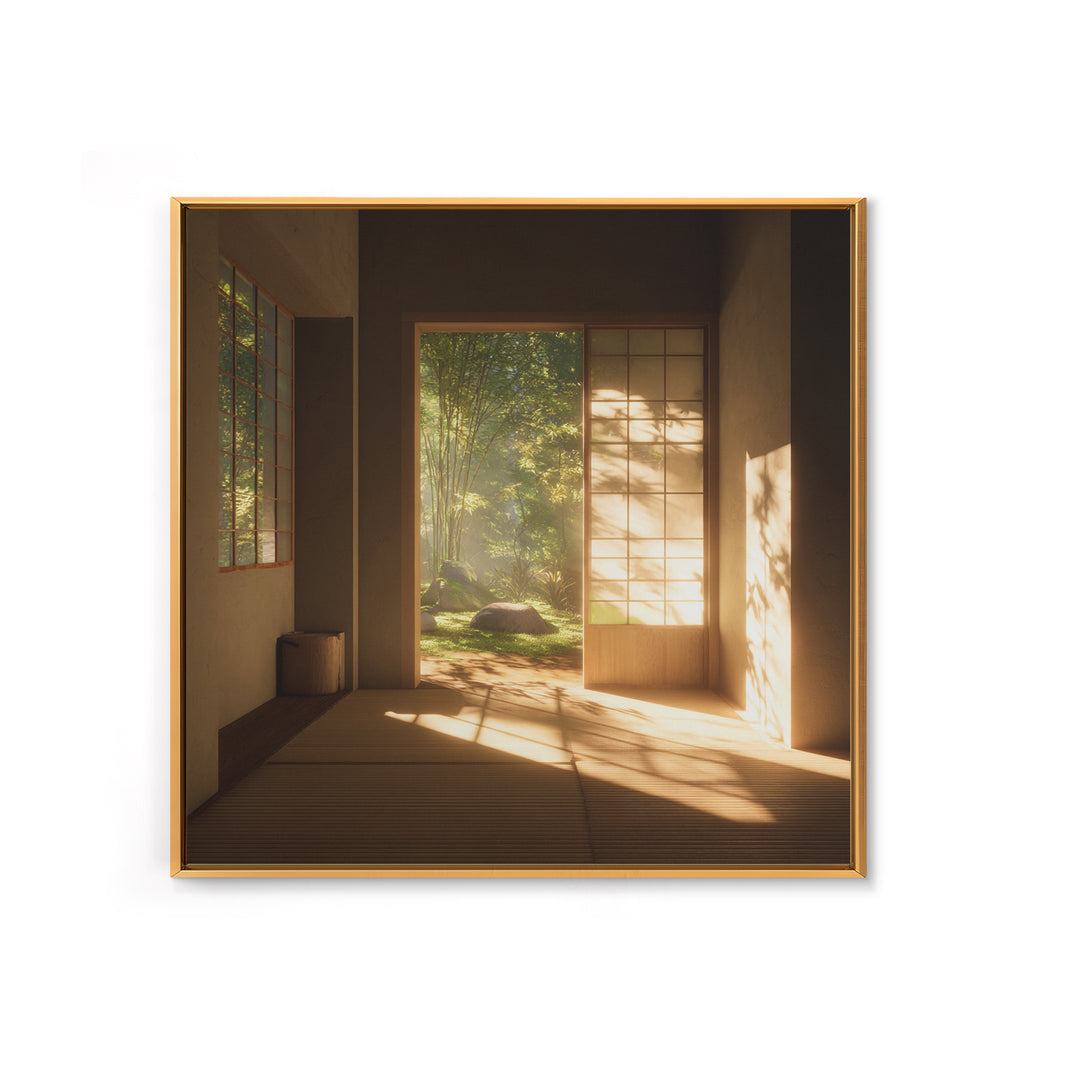 Minimal Japandi Zen Room With Garden View Wall Art, Serene Japanese Interior Framed Canvas Print