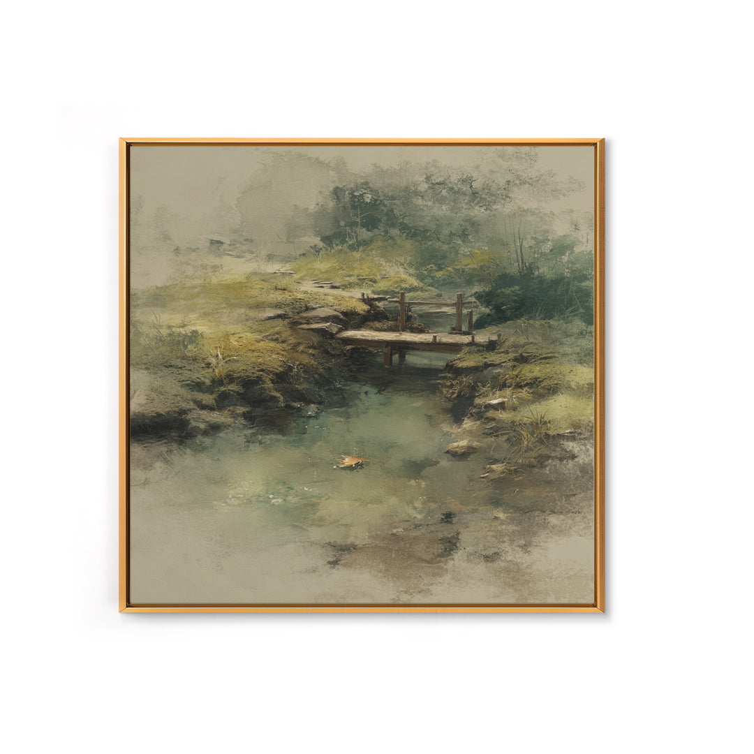 Misty Creek With Wooden Footbridge Watercolor Landscape Wall Art, Soft Nature Painting Print, Calming Home Decor Bedroom Art