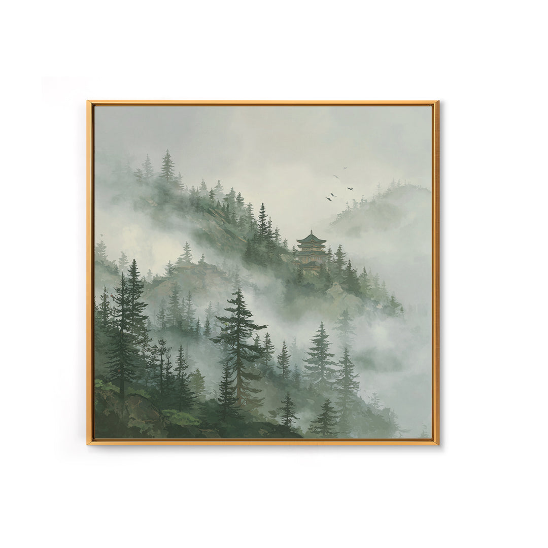 Misty Pine Forest With Distant Temple Painting Wall Art, Tranquil Mountain Landscape Print, Zen Japandi Nature Decor