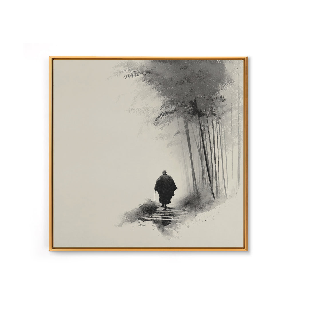 Minimalist Zen Monk Walking In Bamboo Fog Japanese Wall Art Black And White Print Japandi Decor Calming Wabi Sabi Artwork