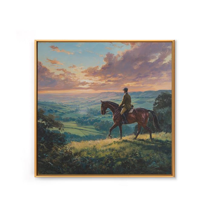 Equestrian Rider Over Rolling Countryside Wall Art, Sunset Landscape Painting, Horse Lover Decor, English Country Wall Art