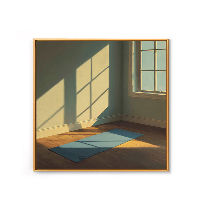 Minimal Sunlit Yoga Mat Wall Art, Serene Morning Light Framed Canvas Print, Mindful Home Decor, Zen Meditation Space