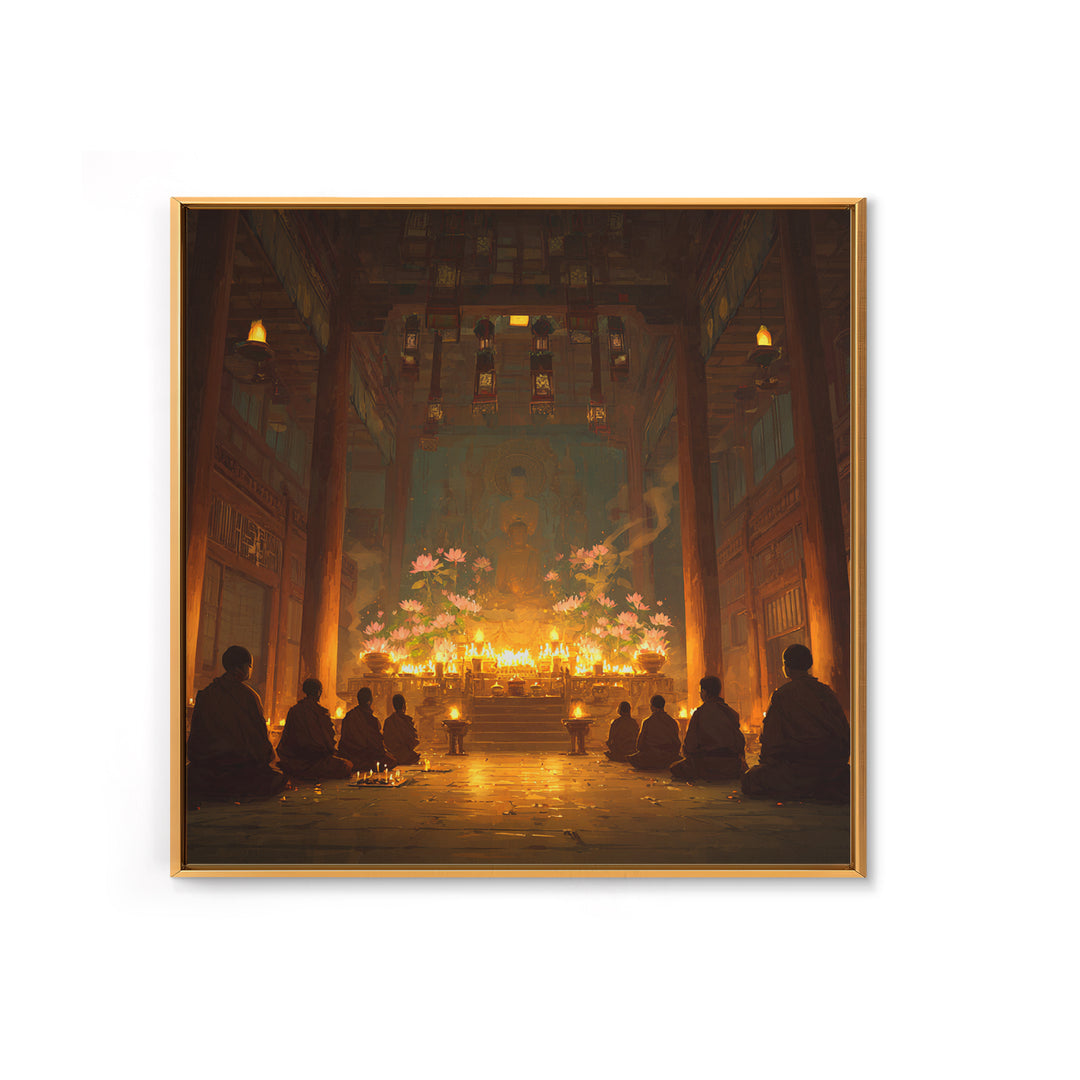 Golden Temple Meditation Wall Art, Monks And Candles Spiritual Print, Zen Decor, Calming Asian Inspired Artwork For Living Room Or Altar