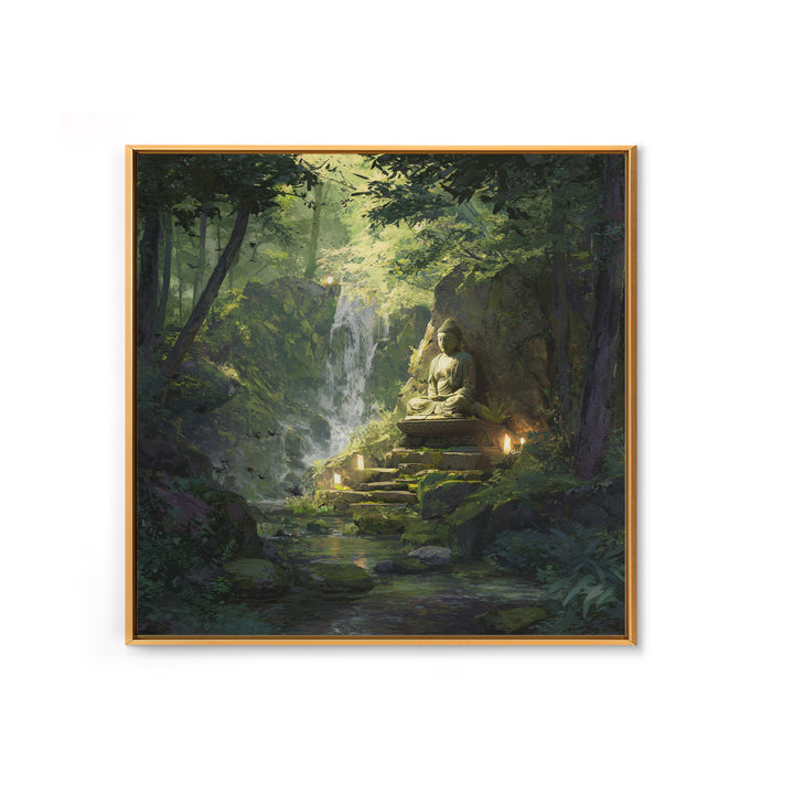 Zen Buddha By Forest Waterfall Wall Art, Tranquil Green Landscape Painting, Meditation Spiritual Decor, Calming Canvas Print