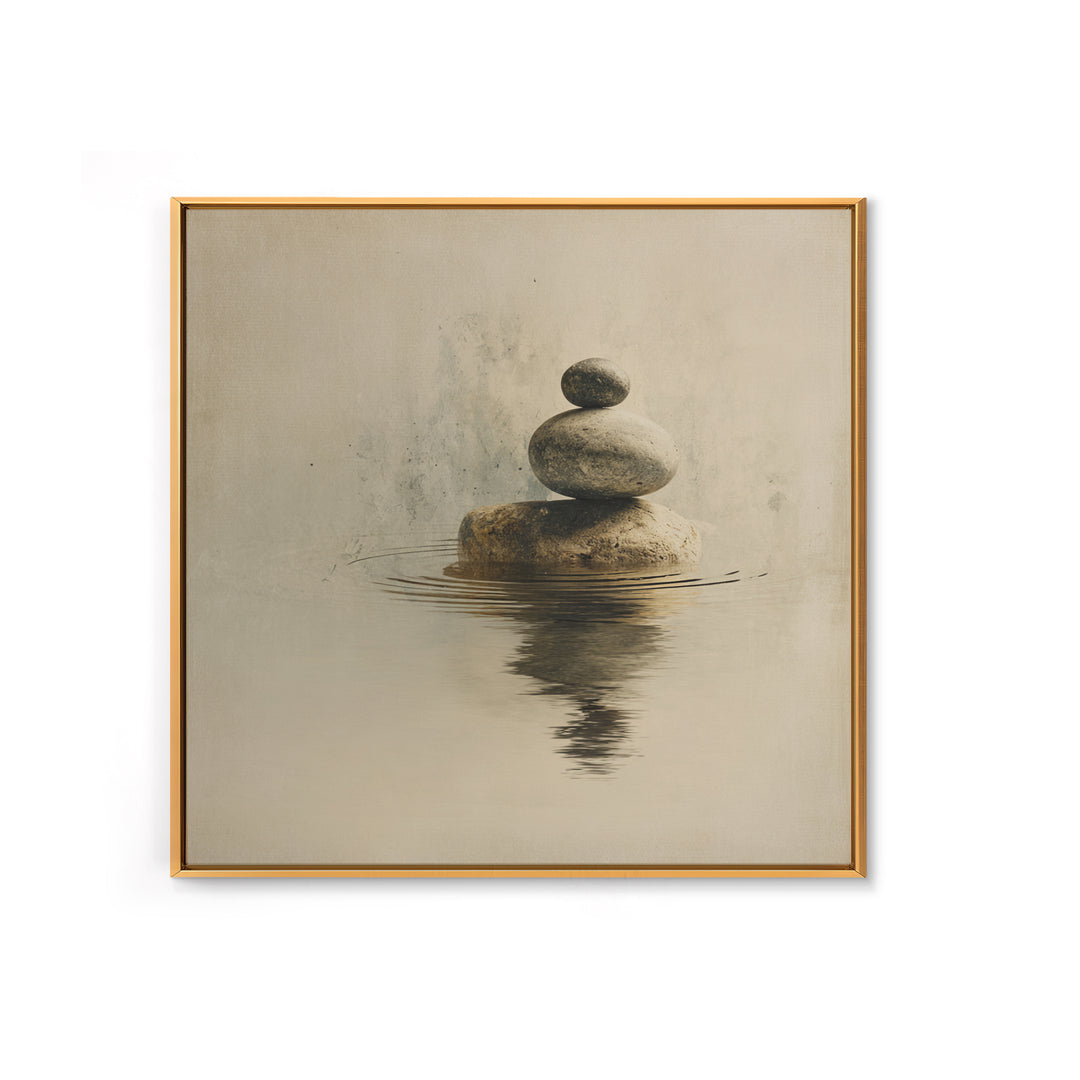 Minimal Zen Rock Stack In Still Water Wall Art, Neutral Japandi Canvas Print, Calming Wabi Sabi Decor For Modern Home