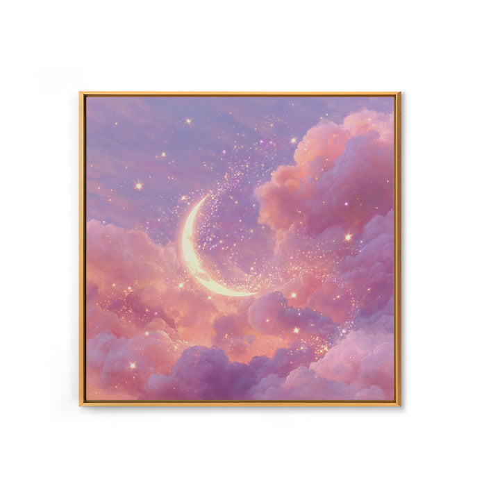 Glowing Crescent Moon In Pink Clouds Wall Art, Celestial Nursery Decor, Dreamy Space Art Print, Whimsical Bedroom Decor Gift
