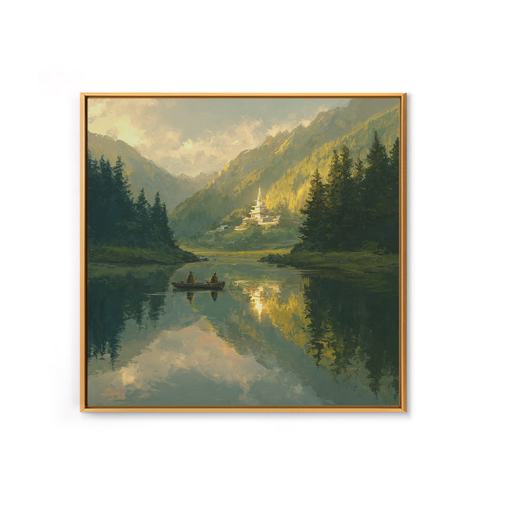 Misty Lake Temple Landscape Wall Art, Tranquil Boat Mountain Canvas Print, Serene Zen Nature Decor For Bedroom Or Living Room