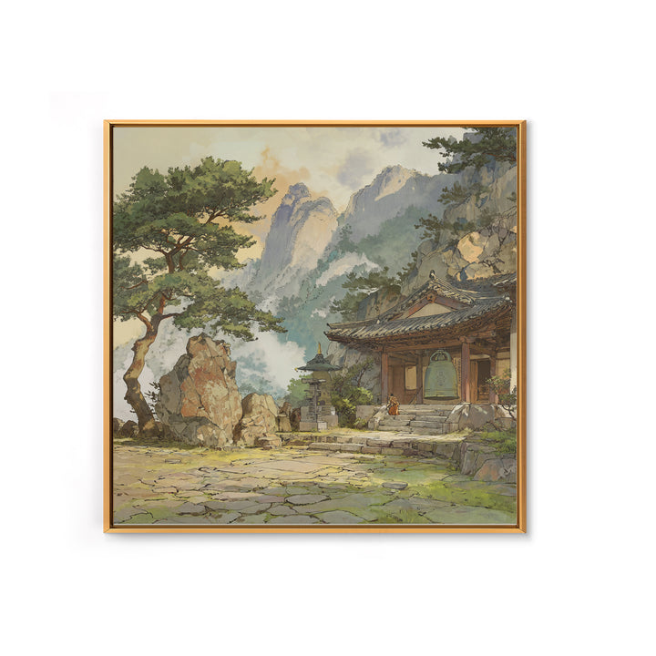 Japanese Landscape With Traditional Temple And Pine Trees Vintage Style Wall Art Framed Canvas Print