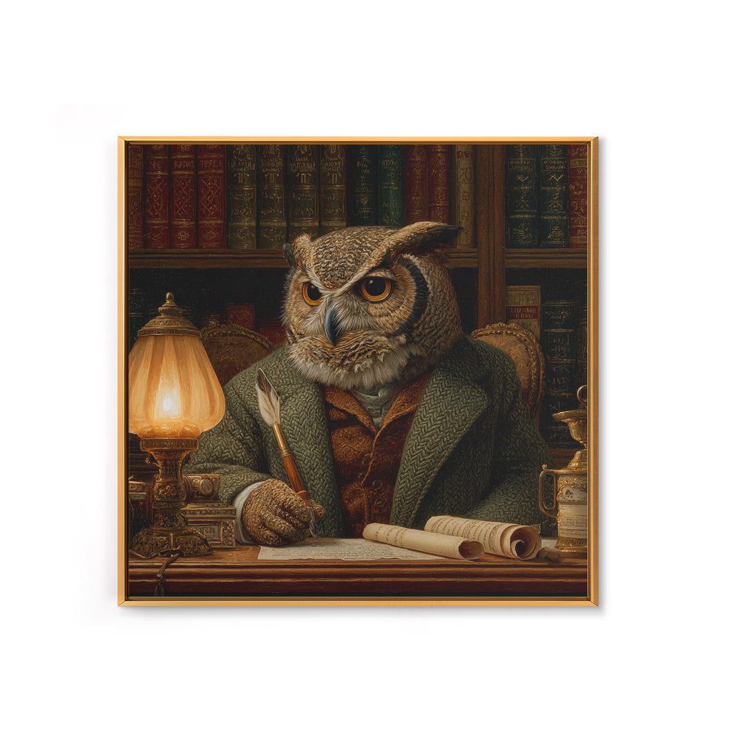 Scholar Owl In Antique Library Canvas Print, Whimsical Animal Wall Art, Dark Academia Office Decor, Book Lover Gift For Readers