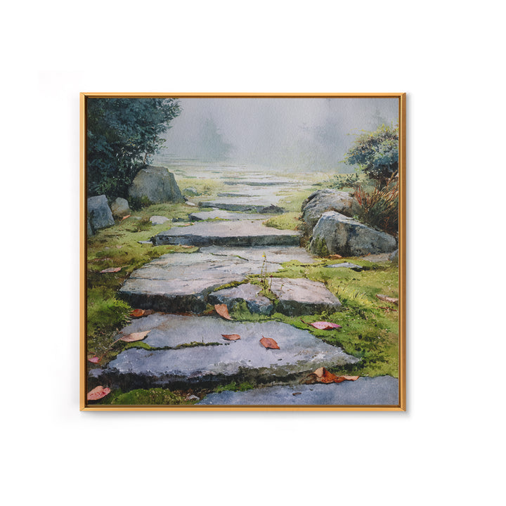 Misty Stone Garden Path Watercolor Wall Art, Serene Landscape Painting, Zen Home Decor, Wabi Sabi Neutral Canvas Print