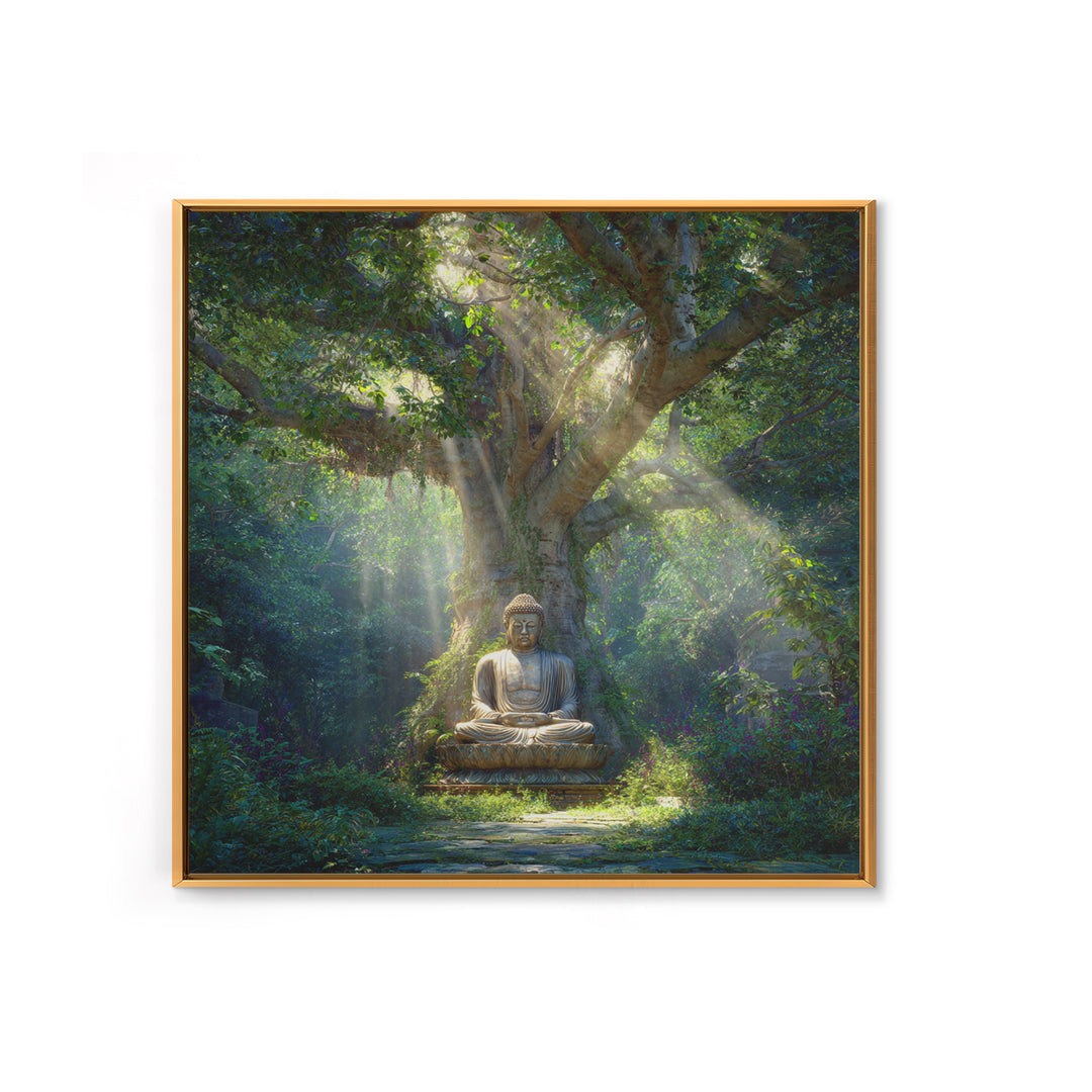 Serene Forest Buddha Statue Under Sacred Tree Wall Art Spiritual Nature Canvas Print Zen Meditation Room Decor Calming Artwork