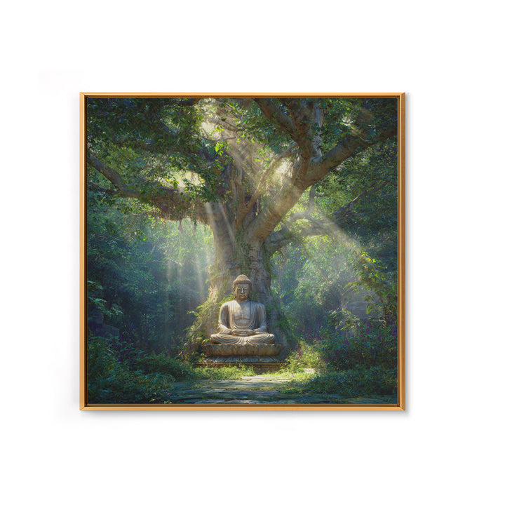 Serene Forest Buddha Statue Under Sacred Tree Wall Art Spiritual Nature Canvas Print Zen Meditation Room Decor Calming Artwork
