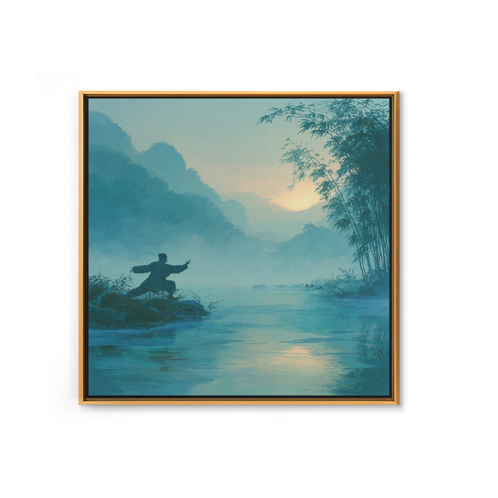 Martial Artist By Misty River At Sunrise Wall Art, Serene Zen Landscape Canvas Print, Calming Nature Home Decor Painting