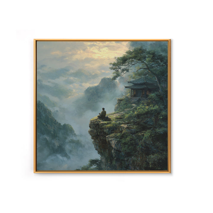 Zen Monk On Mountain Cliff Landscape Wall Art, Meditative Nature Canvas Print, Japanese Style Calming Home Decor
