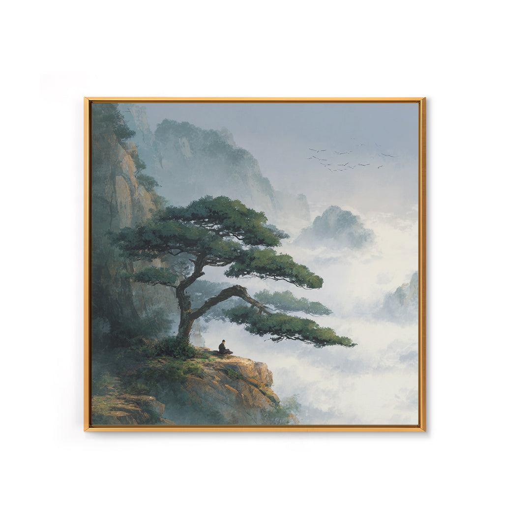 Zen Mountain Meditation Landscape Wall Art, Serene Nature Painting, Calming Japandi Style Canvas Print For Home Decor