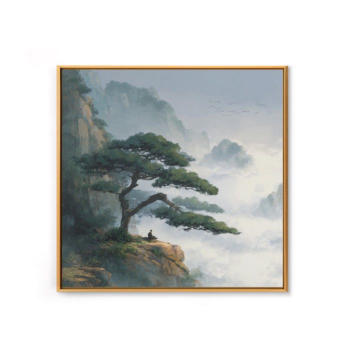 Zen Mountain Meditation Landscape Wall Art, Serene Nature Painting, Calming Japandi Style Canvas Print For Home Decor