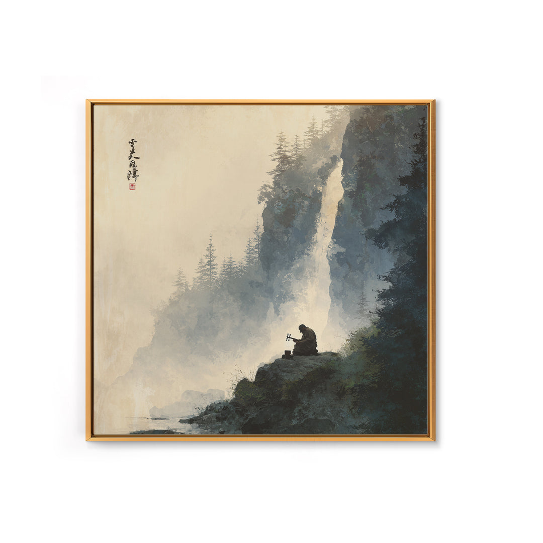 Meditating Monk By Waterfall Landscape Wall Art, Tranquil Zen Mountain Print, Japanese Inspired Nature Canvas Print