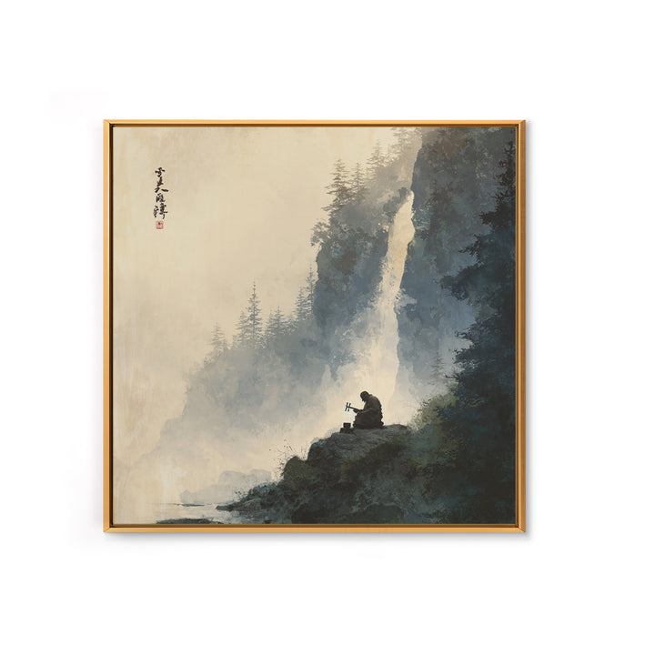Meditating Monk By Waterfall Landscape Wall Art, Tranquil Zen Mountain Print, Japanese Inspired Nature Canvas Print
