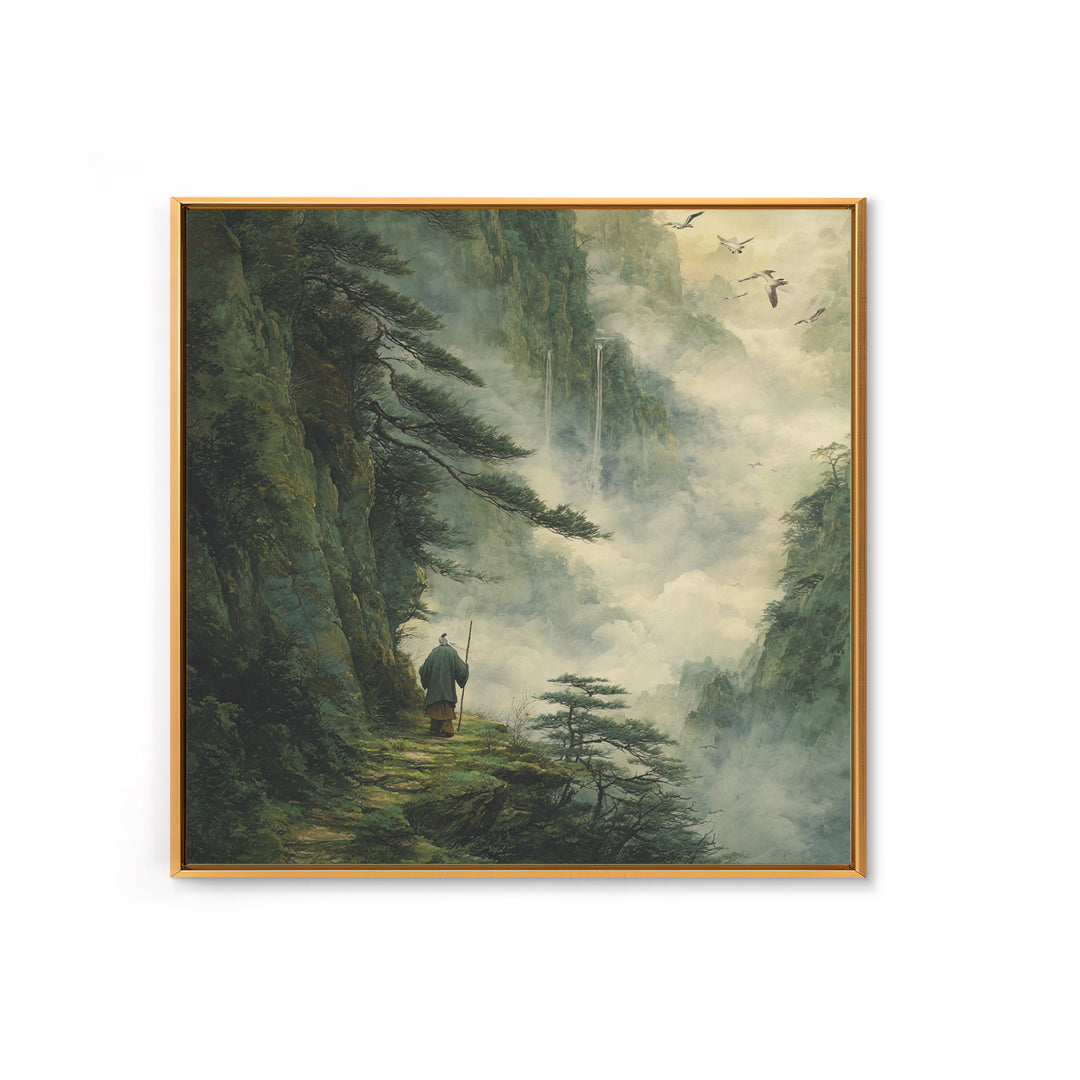 Misty Mountain Path Wanderer Wall Art, Tranquil Fantasy Landscape Painting Print, Zen Nature Home Decor Canvas Print