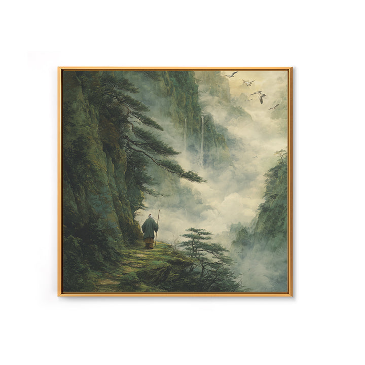 Misty Mountain Path Wanderer Wall Art, Tranquil Fantasy Landscape Painting Print, Zen Nature Home Decor Canvas Print