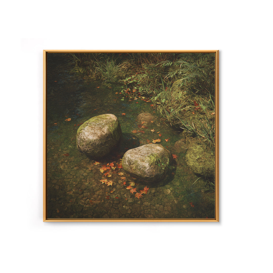 Zen River Stones With Autumn Leaves Wall Art, Tranquil Nature Landscape Canvas Print, Minimalist Forest Creek Decor For Spa Or Bedroom