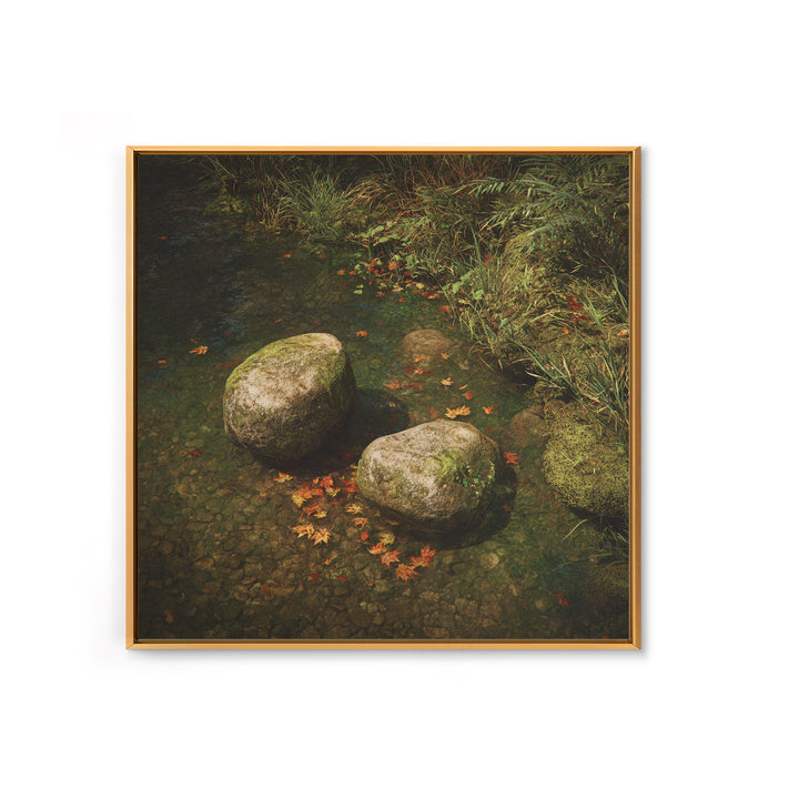 Zen River Stones With Autumn Leaves Wall Art, Tranquil Nature Landscape Canvas Print, Minimalist Forest Creek Decor For Spa Or Bedroom