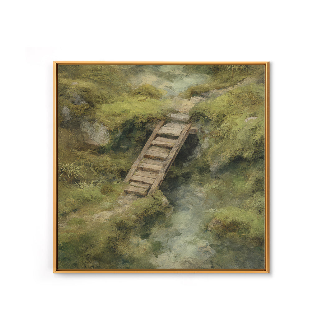 Rustic Wooden Footbridge Over Stream Wall Art, Tranquil Forest Landscape Canvas Print, Nature Home Decor For Bedroom Or Cozy Living Room