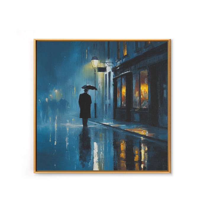 Rainy Blue City Street With Umbrella Canvas Print, Moody Urban Wall Art, Paris Cafe Decor, Romantic Bedroom Living Room Decor