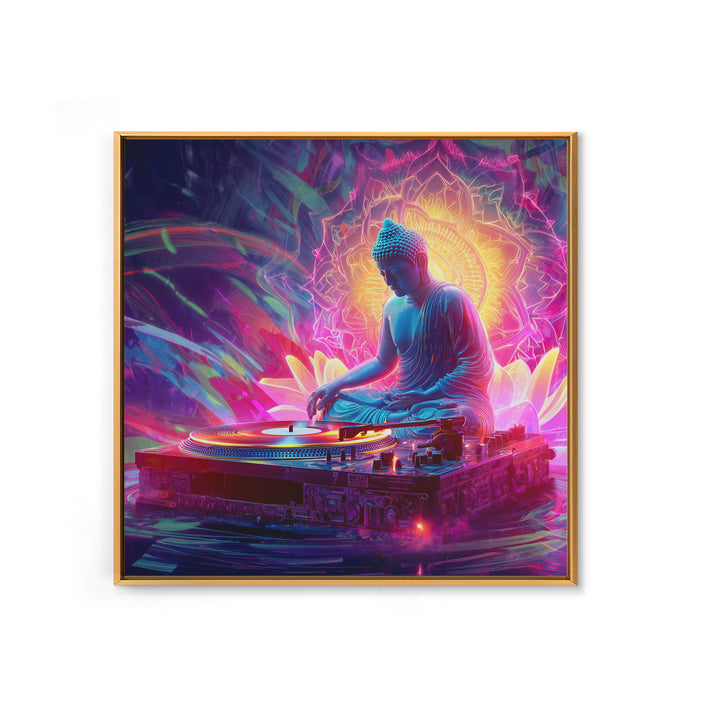 Meditative Buddha DJ Neon Wall Art Canvas Print, Psychedelic Spiritual Music Poster For Gaming Room And Modern Decor