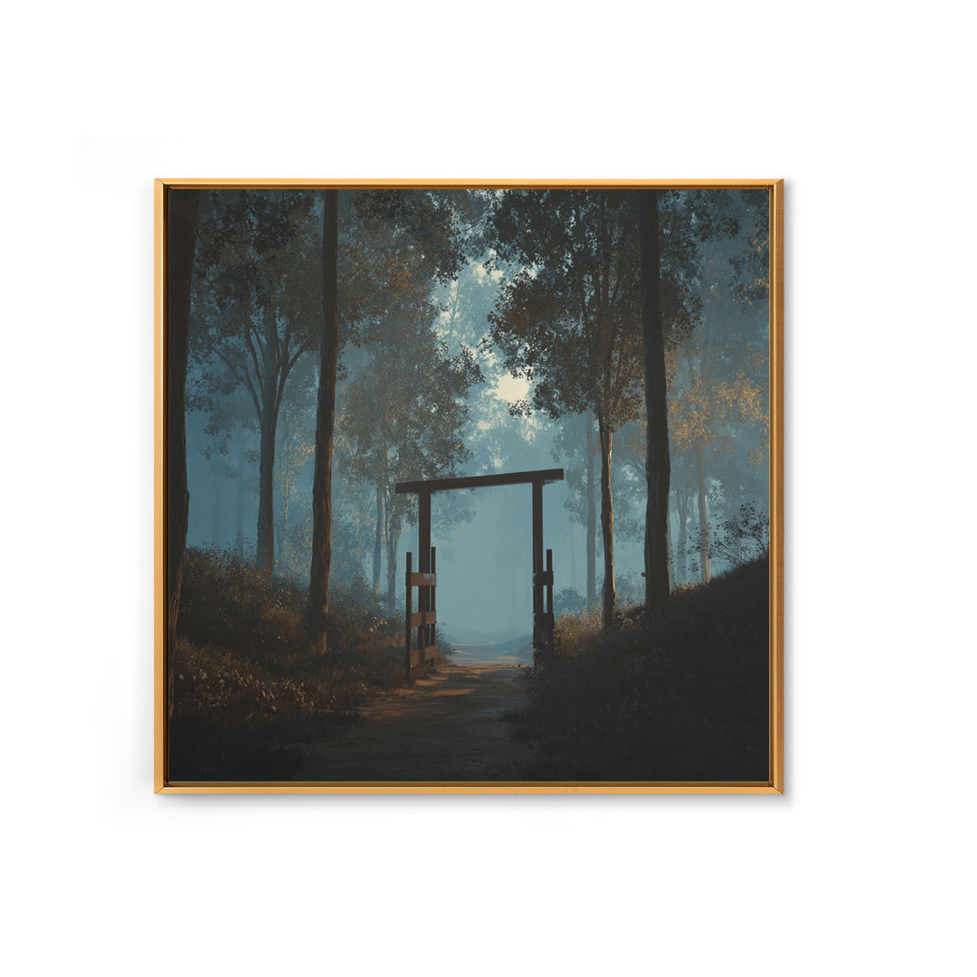 Moody Forest Gate Landscape Wall Art, Misty Woodland Path Canvas Print, Calming Nature Painting For Rustic Home Or Bedroom Decor