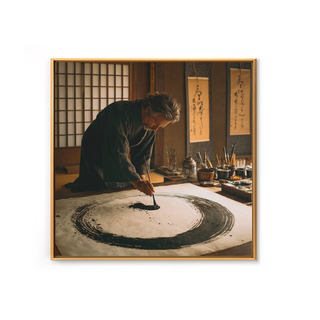 Japanese Calligrapher Painting Zen Enso Circle Wall Art, Serene Asian Ink Canvas Print For Mindful Home Decor