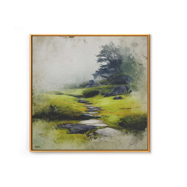 Misty Stone Path Garden Landscape Wall Art, Serene Zen Canvas Print, Wabi Sabi Nature Home Decor, Calming Wall Art