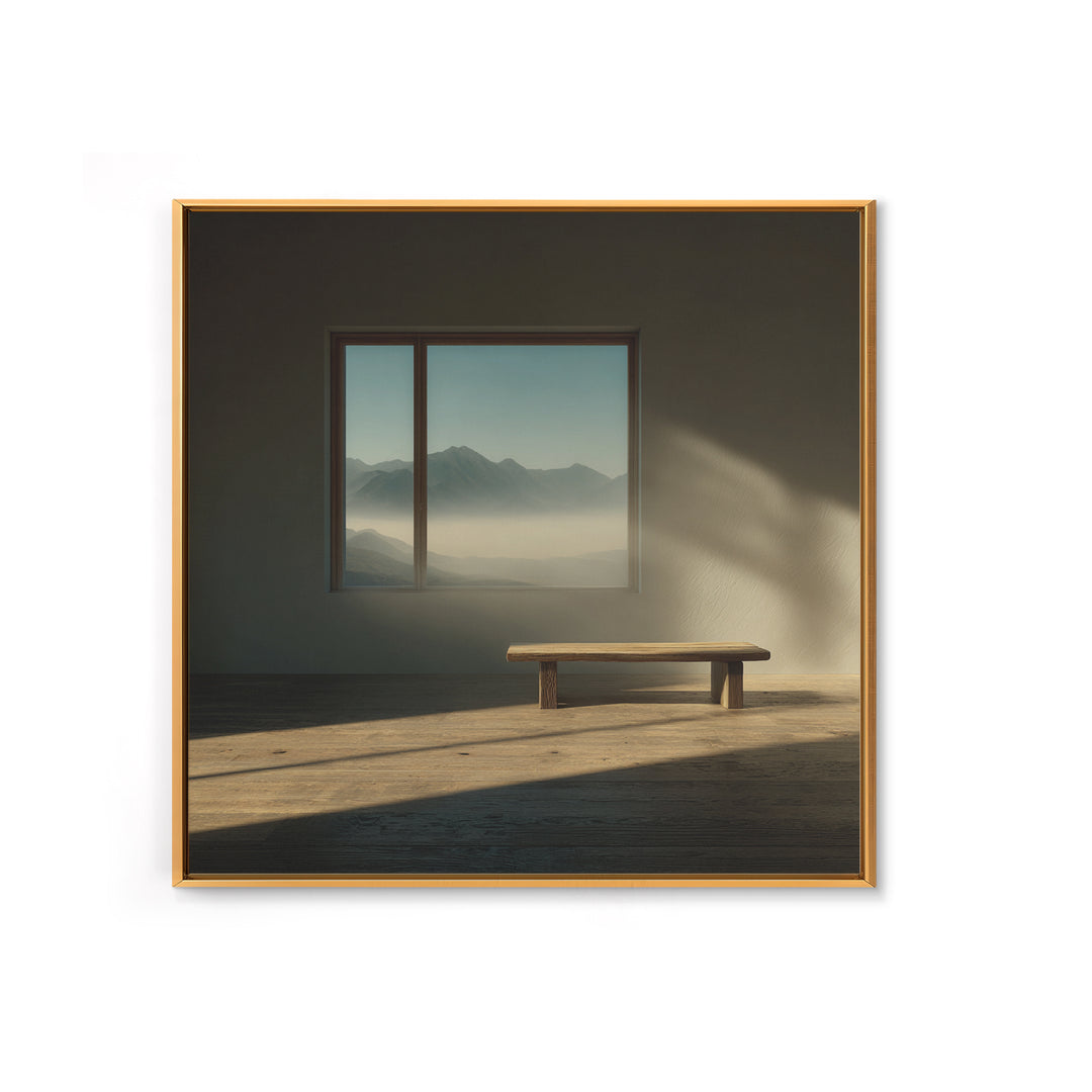 Minimalist Japandi Interior Wall Art, Sunlit Bench And Mountain View Framed Canvas Print, Neutral Zen Home Decor