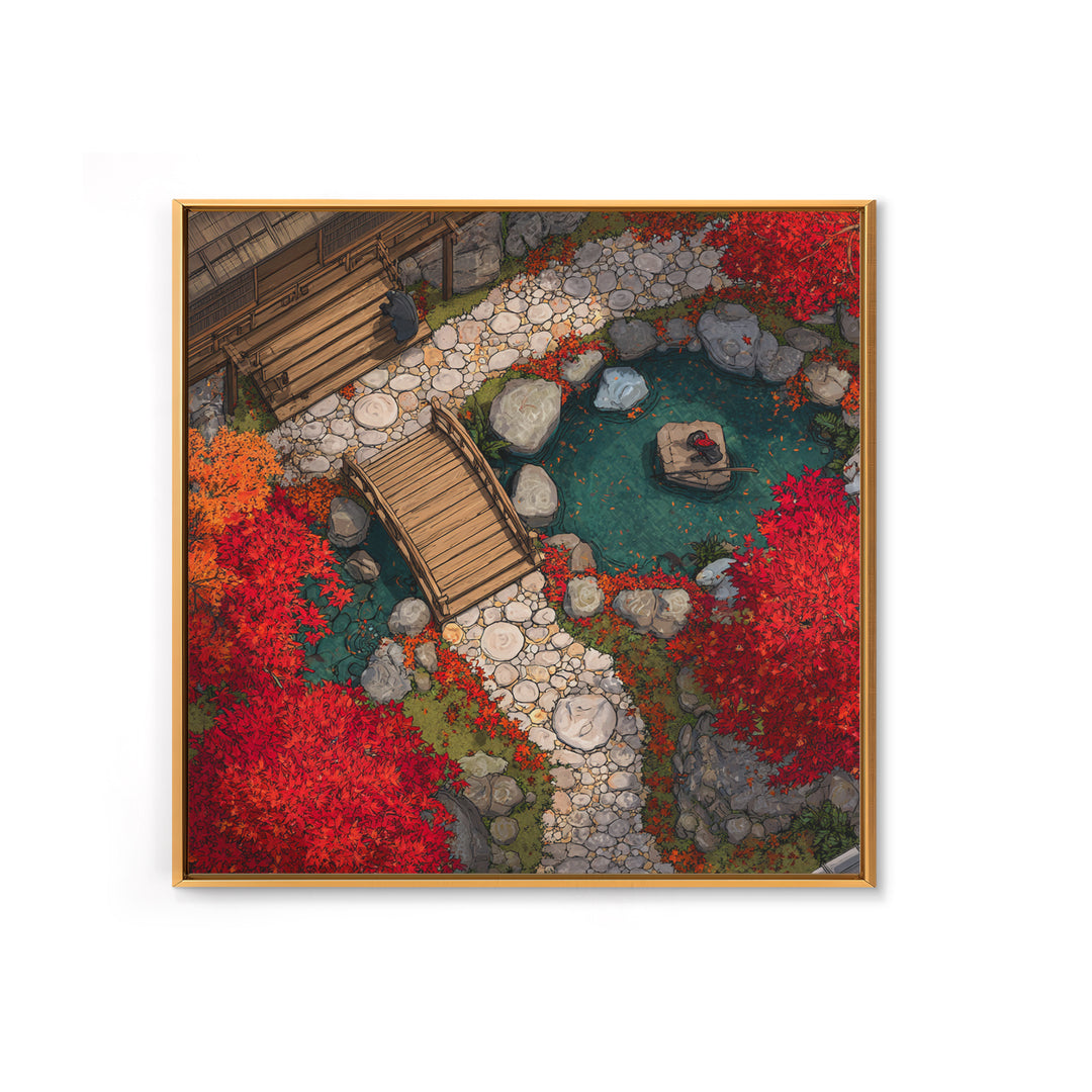 Autumn Japanese Garden Bridge Aerial Landscape Wall Art, Red Maple Trees Zen Pathway Canvas Print