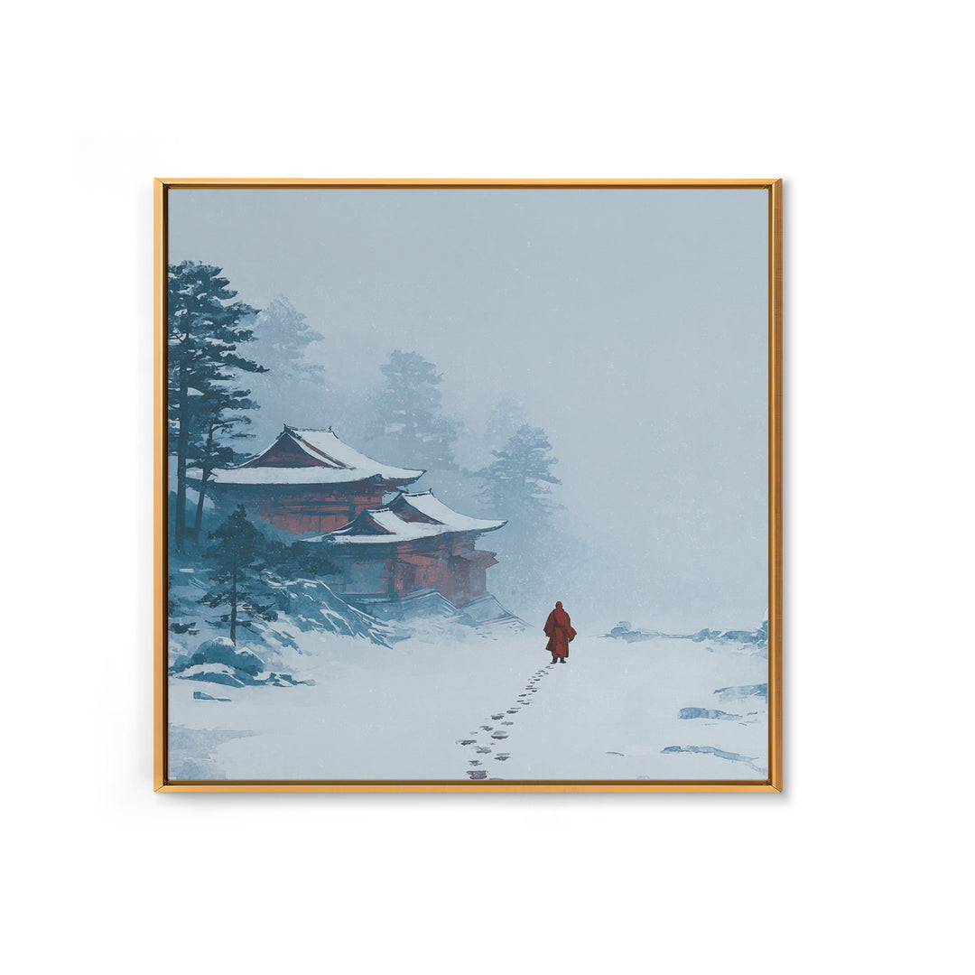 Solitary Monk Walking To Temple In Snow Wall Art, Minimalist Japanese Landscape Print, Tranquil Zen Home Decor