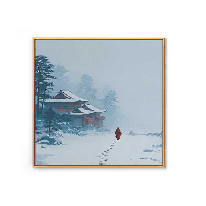 Solitary Monk Walking To Temple In Snow Wall Art, Minimalist Japanese Landscape Print, Tranquil Zen Home Decor