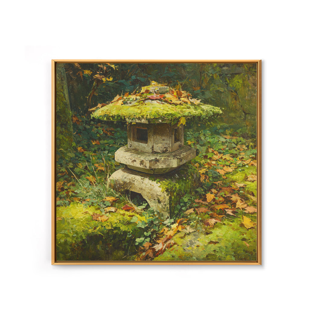 Japanese Garden Lantern Wall Art, Mossy Stone Sculpture Print, Tranquil Nature Decor, Wabi Sabi Garden Wall Art