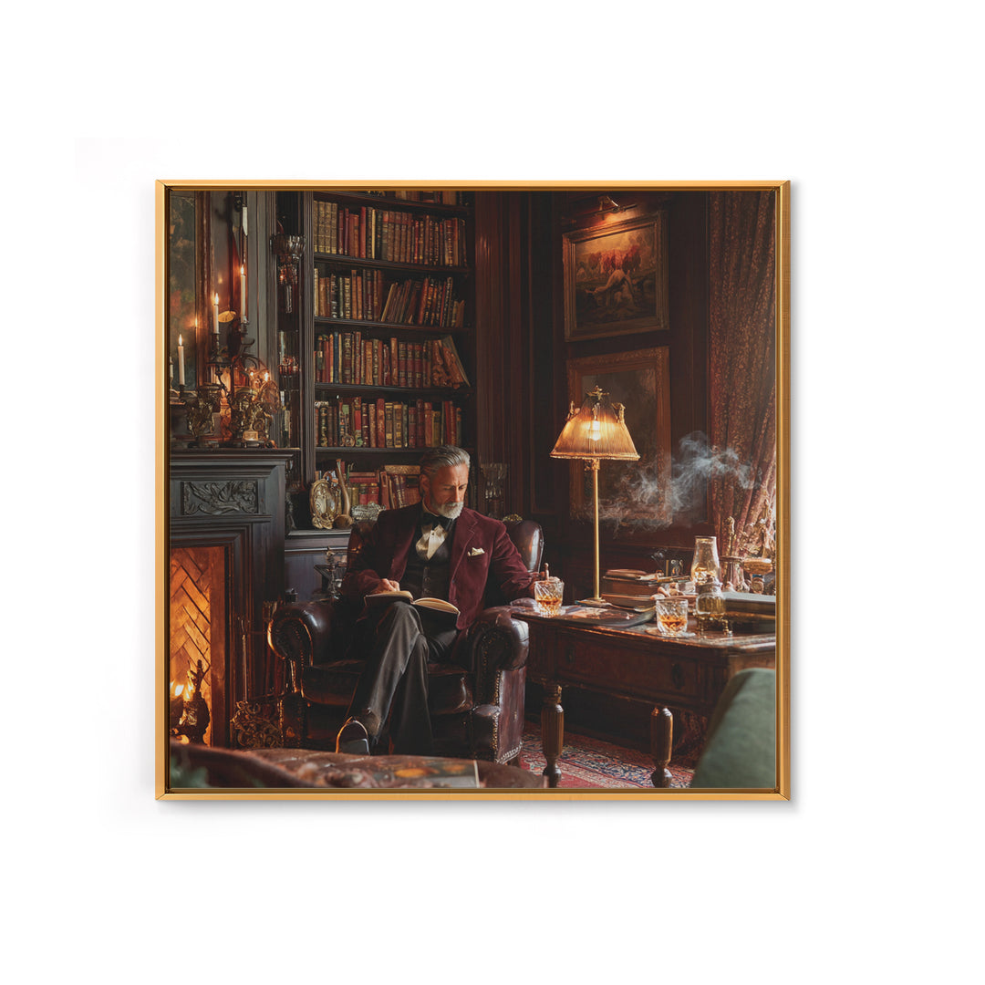 Elegant Gentleman Reading By Fireplace Framed Canvas Print, Dark Academia Library Wall Art, Old World Office Decor Gift For Him
