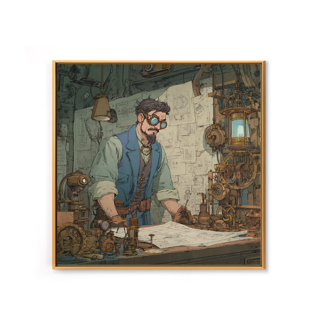 Steampunk Inventor Drafting Blueprints Canvas Print, Industrial Office Wall Art, Mechanical Workshop Decor, Gift For Him
